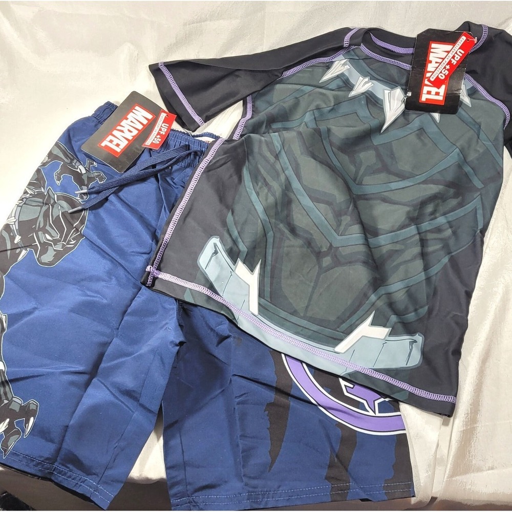 Marvel Avengers Boys Swim Top & Trunks - Captain America Black Panther - Size 8